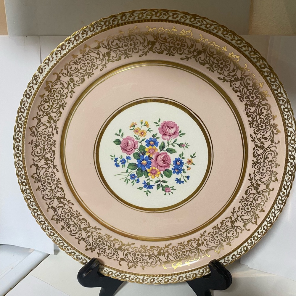 Vtg Monticello Homer Laughlin Gold Filigree Pink Dinner Plate 11 Inch Made USA